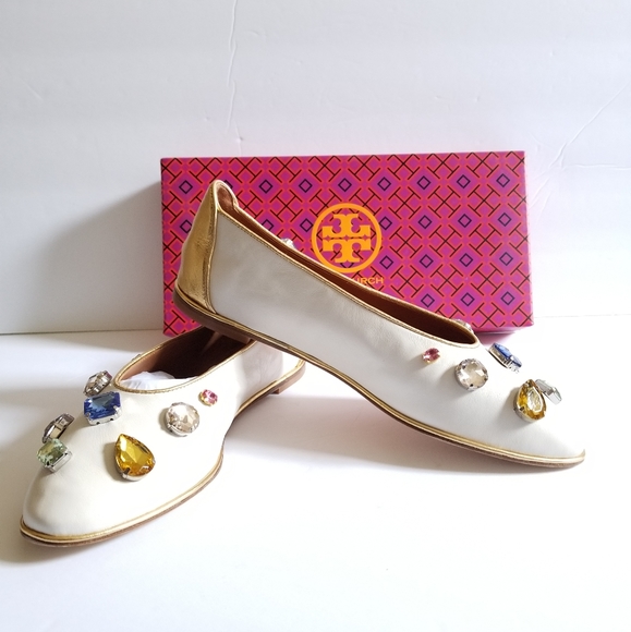 Tory Burch Crystal-Embellished Leather Flat Ballet Ivory Gold Size 9.5 - Picture 3 of 13